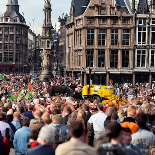 Prompt: cows protesting with farmers tractors on dam square