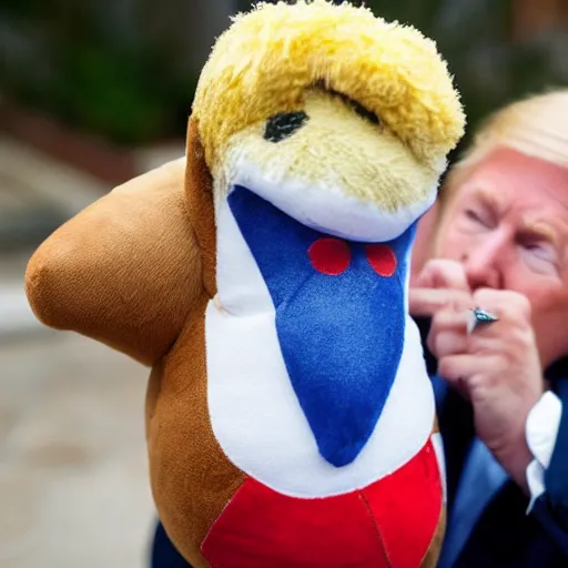 Prompt: a plush Donald Trump being chewed by a dog