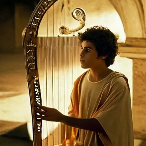 Image similar to handsome 17 year old middle-eastern skinned boy in a Biblical outfit playing an ancient harp, lyre. Tranquil, cinematic lighting, directed by Steven Spielberg