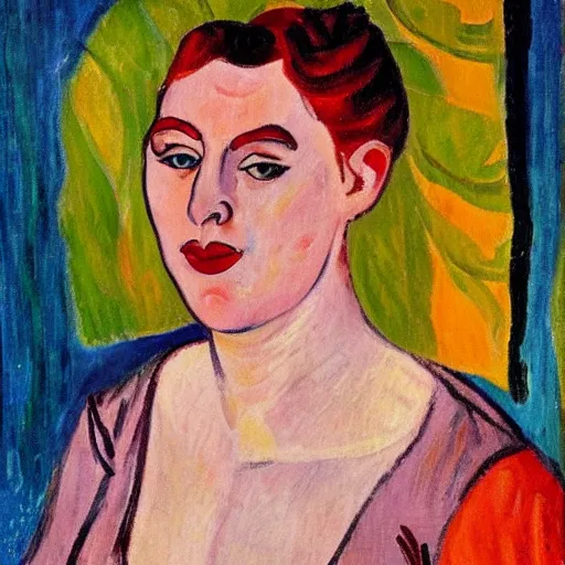 Image similar to fauvism unfaithful portrait of a lady 3 2 years old, with apricot