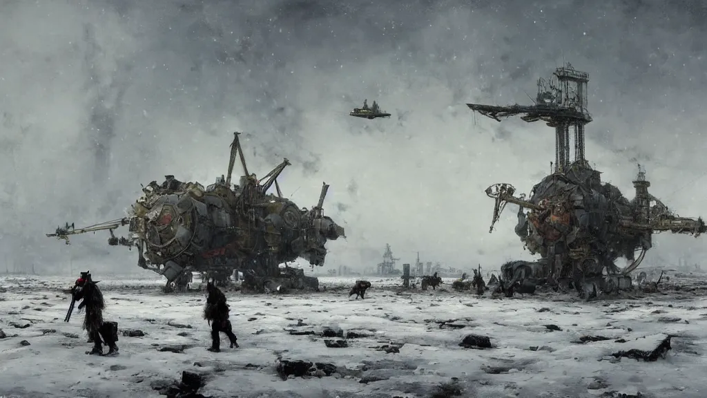 Image similar to 1920's broken down bipedal mech in the snowy tundra, oil drill in the distance, steampunk airship above, painted by Jakub Rozalski