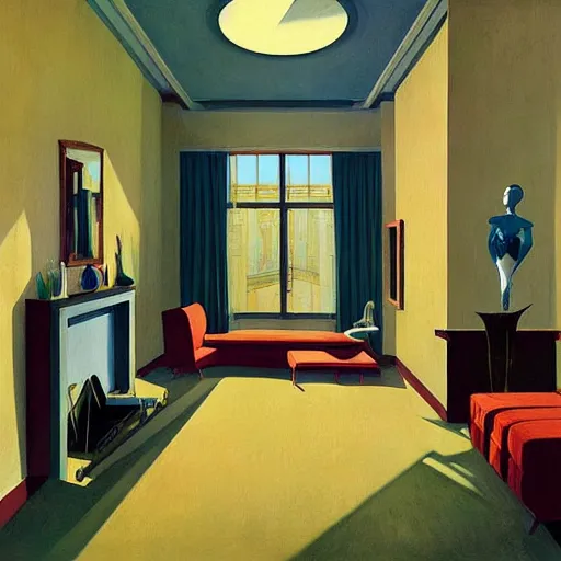 Image similar to art deco living room, open ceiling, highly detailed, very coherent, painted by Francis Bacon and Edward Hopper, Wayne Barlowe, painted by James Gilleard, surrealism, airbrush, art by JamesJean