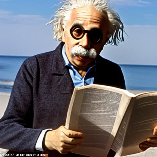 Image similar to einstein wearing black aviators and reading relativity is a dumb approach on beach