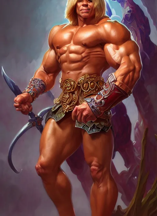 Prompt: portrait of he - man, d & d, muscular! fantasy, intricate, elegant, highly detailed, digital painting, artstation, concept art, smooth, sharp focus, illustration, art by artgerm and greg rutkowski and alphonse mucha