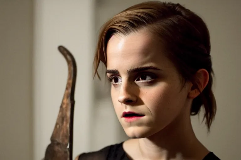 Prompt: Emma Watson as a killer in a psychological horror movie, cinematic lighting, blood droplets, holding an axe, creepy