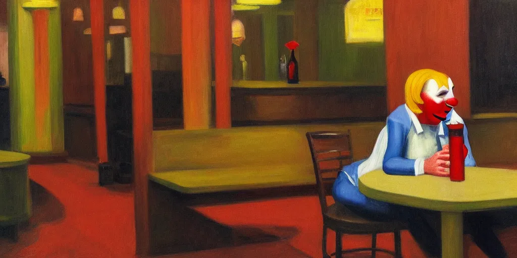 Image similar to a miserable clown, drinking a smoothie in an empty bar, oil painting by edward hopper