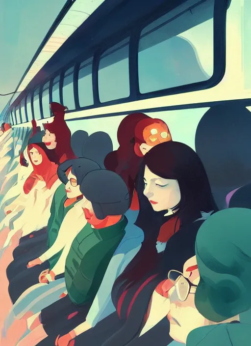 Prompt: an overcrowded tram, depressed mood, in the style of artgerm, gerald brom, atey ghailan and mike mignola, vibrant colors and hard shadows and strong rim light, plain background, comic cover art, trending on artstation