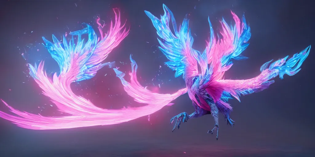 Image similar to pink and blue flaming phoenix, unreal engine 5, intricate, detailed, realistic