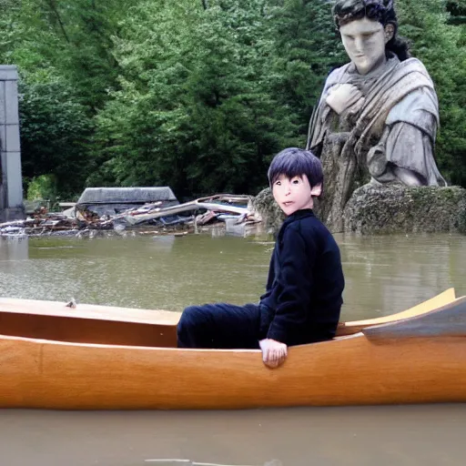 Image similar to anime boy with roman statue on canoe in flooded vancouver ruins, ghibli style