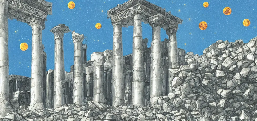 Image similar to The ruins of the Silver Millennium on the moon from Sailor Moon, digital painting, Earth in the distance, Greek-esque columns and ruins