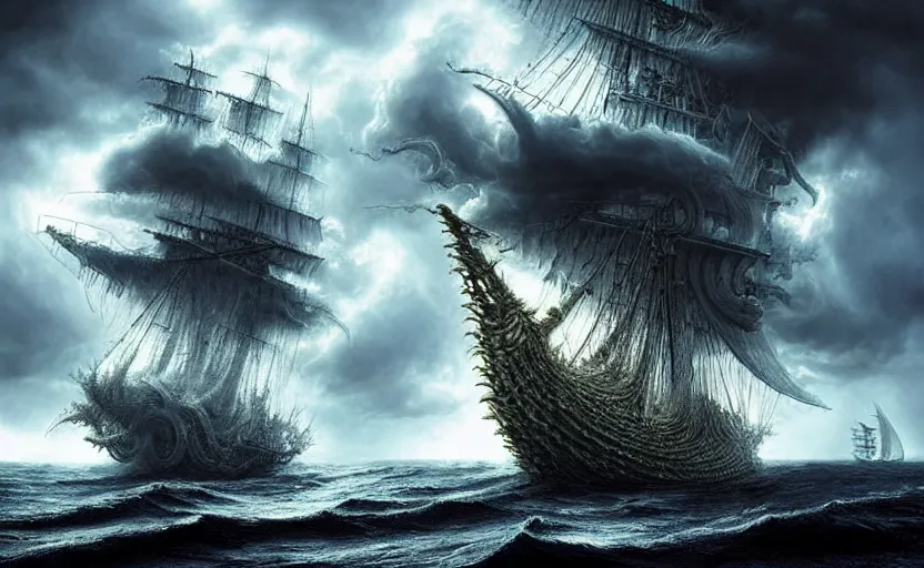 Prompt: the voyage of life, storm on the sea of galilee, huge clouds in the form of a dendritic cthulhu, an epic pirate ship, dappled silver lighting, atmospheric, highly detailed, by igor morski, jacek yerka, alexander jansson, james christensen, tomek setowski