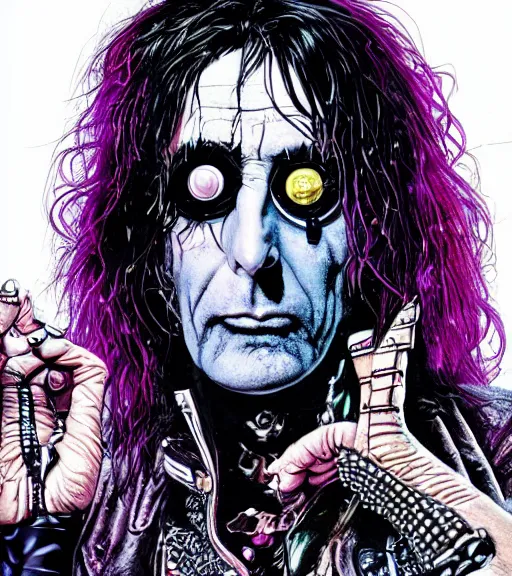 Image similar to a cyberpunk Alice Cooper detailed illustration, character portrait, by Martin Grip and Moebius