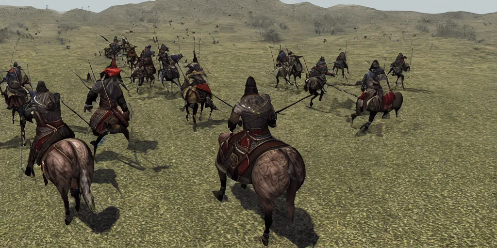 Prompt: mount and blade screenshot riding into battle