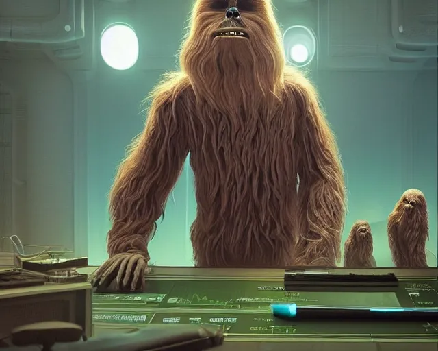 Image similar to wookiee at home trading crypto. the charts are at all time highs, gains, green charts, painting by grant wood and frank frazetta, 3 d rendering by beeple, wlop