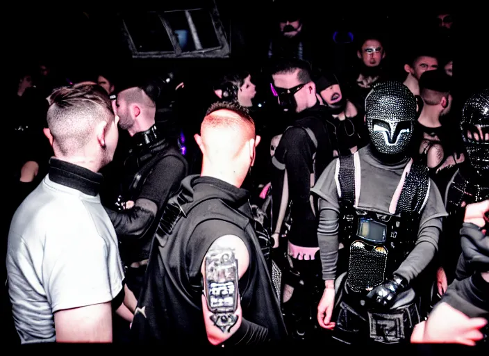 Prompt: Disposable camera photo of a provocative techwear packed busy rundown nightclub, lots of people, males and females breakdancing, variety of sharp sparkly creepy masks, harnesses and garters, tactical vests and holsters, some people holding drinks or have robot limbs or have cybernetic mods, tattoos and piercings, retrofuturism, brutalism, cyberpunk, sigma 85mm f/1.4, 15mm, 35mm, tilted frame, long exposure, 4k, high resolution, 4k, 8k, hd, wide angle lens, highly detailed, full color, harsh light and shadow, intoxicatingly blurry, Bokeh