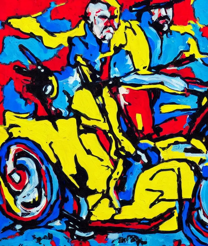 Image similar to expressionist painting of walter white on a motorbike, dynamic perspective, expressionist, colorful, clean