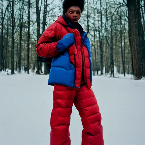 Image similar to realistic! photoshoot for a new the north face lookbook, color film photography, portrait of a beautiful woman wearing a puffer jacket, photo in style of tyler mitchell, 35mm