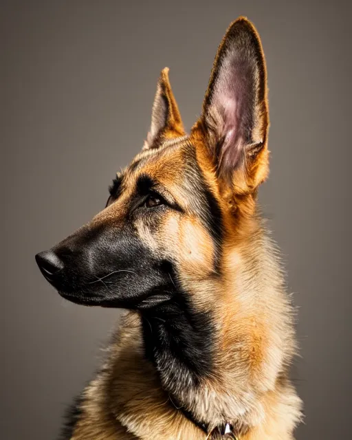 Prompt: A studio portrait of an unhappy German Shepherd dog, bokeh, 90mm, f/1.4