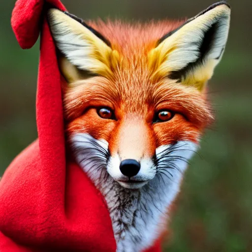 Prompt: award winning portrait of a fox animal with a red santa claus hat, tank-top, on the cover of a magazine, Hasselblad photograph, soft focus, f1.2, soft focus