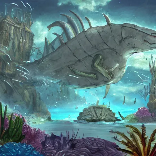 Prompt: an underwater city attacked by a lizard like behemoth by kotakan