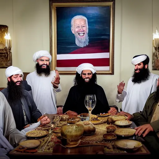 Image similar to 4 k hdr portrait wide angle photo of president joe biden as a taliban muslim leader with a beard laughing at a dinner table meeting surrounded by taliban terrorist leaders who are dancing with oil barrels in the background