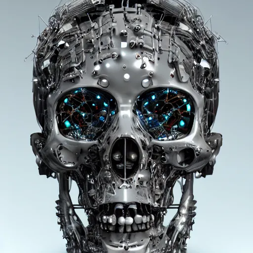 Image similar to very detailed portrait 55mm photo of a mechanical crystal head without skin, optic fiber nerves, gears in his head and cybernetic enhancements with no plating. with cybernetics. Has cameras for eyes. In the forest with bokeh. Ray tracing and tessellation. Very sharp high detailed 8k image