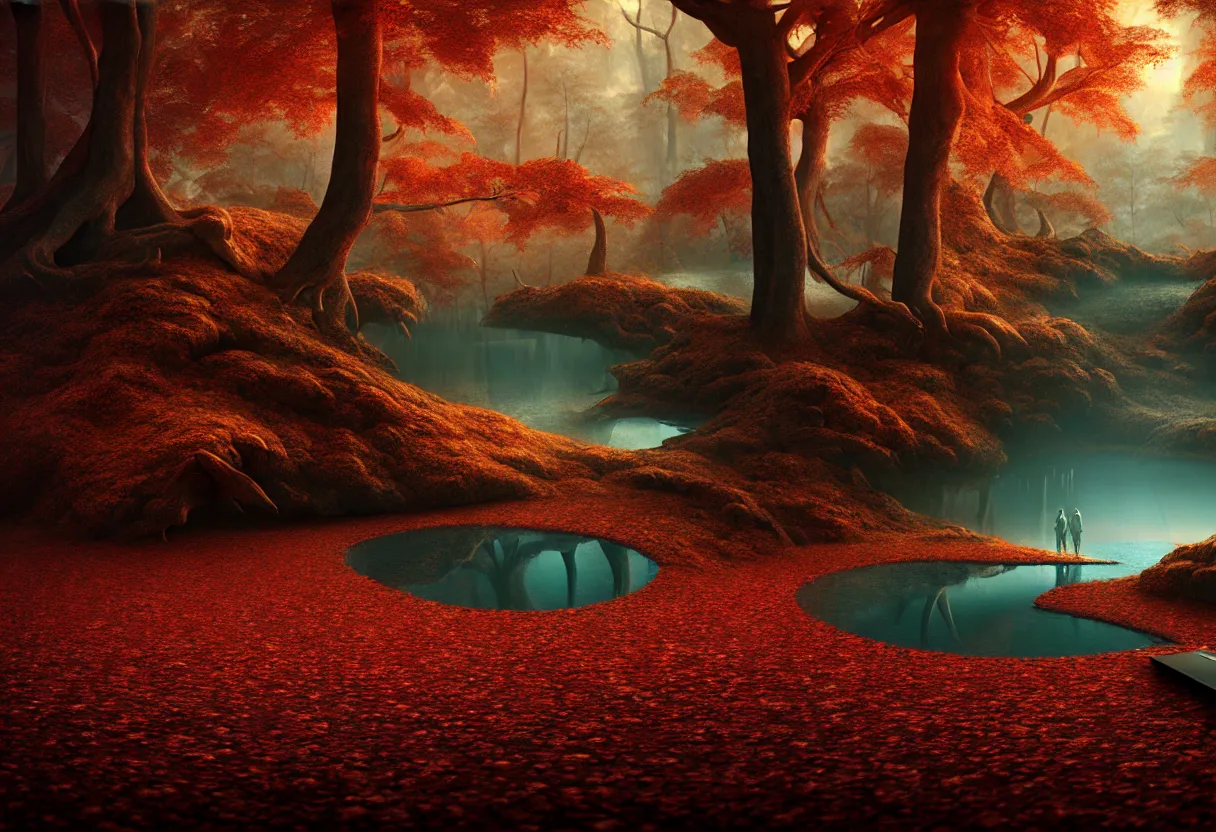 Prompt: inside of alien autumn lake landscape of human mind and imagination, matte painting, beautiful render, octane render, concept art