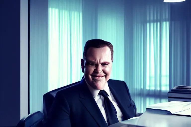 Prompt: an ultra realistic, cinematic headshot portrait of sleazy hollywood agent gary murdoch, sat in an office, smiling, soft light, dreamy, facial features, detailed, deep focus, vaporwave background, movie still, dramatic lighting, ray tracing, by michal karcz and yoshitaka