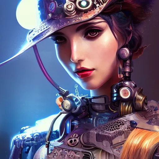 Image similar to portrait futuristic ana de armas steampunk half - cyborg cowgirl, neon light rooftop, fantasy, intricate and very very beautiful and elegant, highly detailed, digital painting, artstation, concept art, smooth and sharp focus, illustration, art by tan zi and ayanamikodon and alphonse mucha and wlop