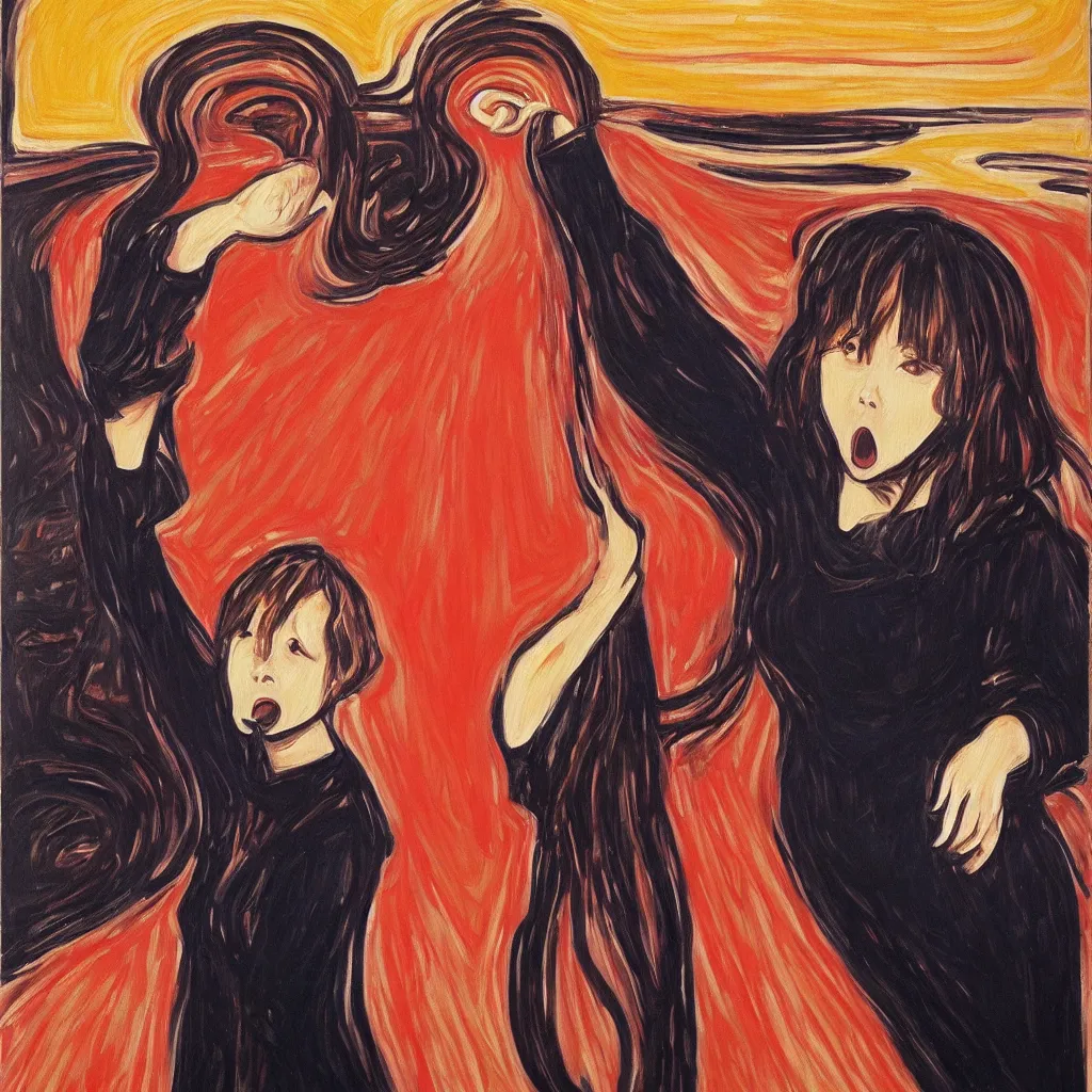 Image similar to an oil painting of yui hirasawa with the style of the scream by edvard munch