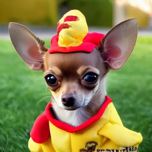 Prompt: photo of mini light brown chihuahua in a bowser costume. Post processing , award winning , masterpiece , photo realistic