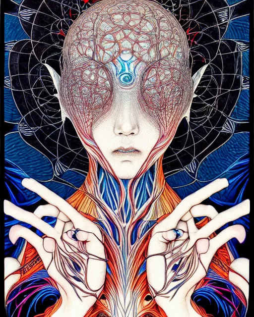 Image similar to human spirit breaking away from the body, conjuring psychedelic background, part by takato yamamoto, part by alex gray, ross tran, james jean, ultra realistic, highly detailed, 8 k, trending on artstation, cosmic, symmetry, masterpiece