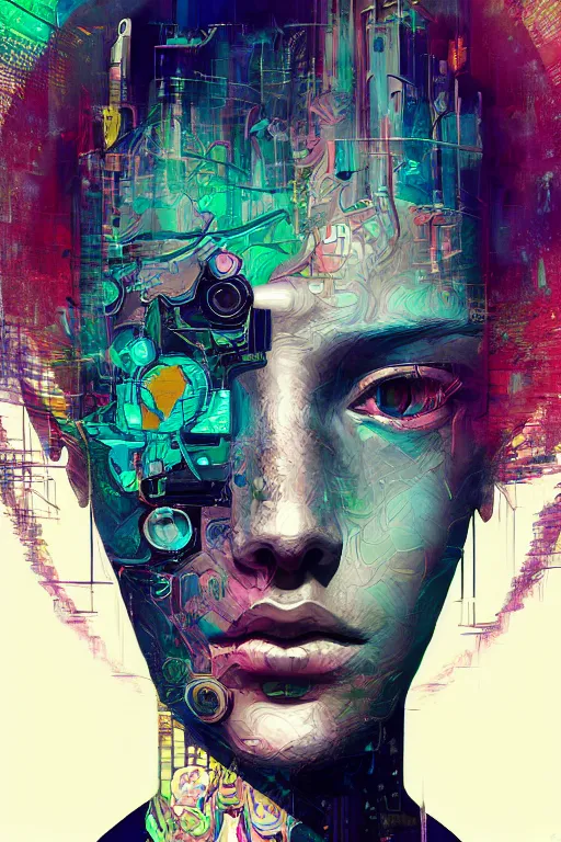 Prompt: abstract portrait, cyberpunk art, floating detailes, very detailed face, leaves by miyazaki, colorful palette illustration, kenneth blom, mental alchemy, james jean, pablo amaringo, naudline pierre, contemporary art, hyper detailed