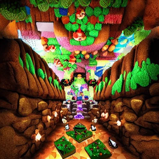 Prompt: Donkey Kong in a beautiful cave, with crystals on the walls.