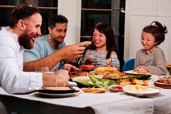 Prompt: a man taking a huge bite out of a table in the middle of dinner with his family