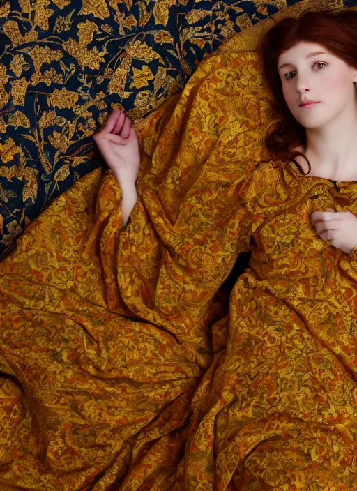 Image similar to preraphaelite photography reclining on bed, big brown fringe, yellow ochre ornate medieval dress, william morris, 4 k