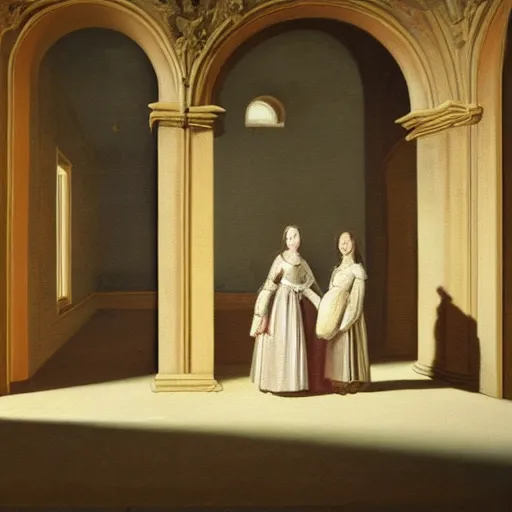 Image similar to fine art, oil on canvas. two women in a vast castle lobby wearing fine clothes, two are women talking close to the windows far from the first two. dark room with light coming through the right side of the place. baroque style 1 6 5 6. high quality recreation of illumination shadows and colors, no distortion on subject faces.