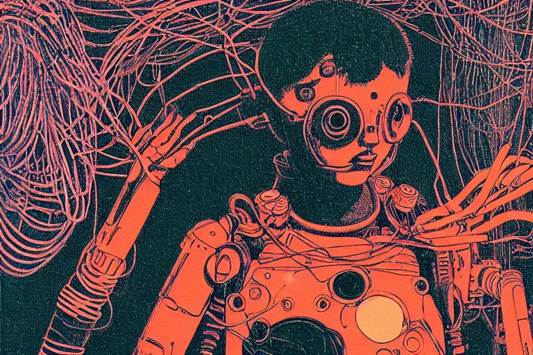 Image similar to risograph grainy drawing vintage sci - fi, satoshi kon color palette, gigantic gundam full - body covered with human bodies and wires, with lot tentacles, vermilion and black hues, codex seraphinianus painting by moebius and satoshi kon and dirk dzimirsky close - up portrait