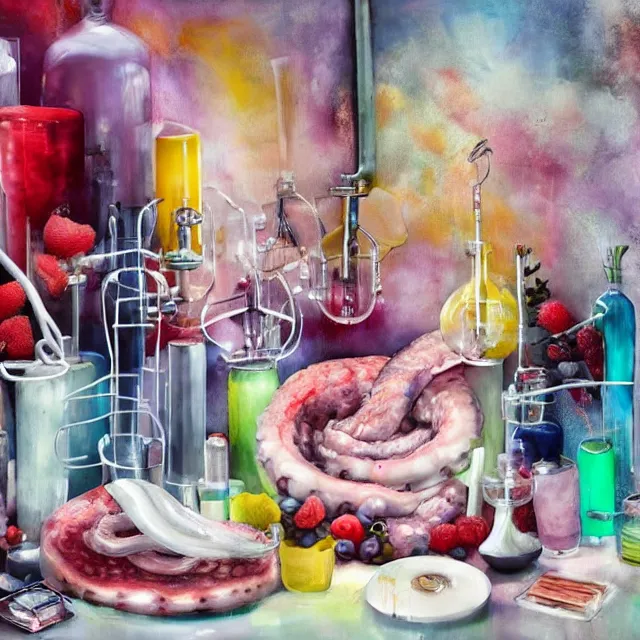 Prompt: sensual, dripping candles, surgical equipment, giant octopus, a female emo art studio, raw pork, berry juice drips, pancakes, coffee, berries, scientific glassware coloured liquids, art supplies, candles dripping wax, neo - impressionist surrealism, acrylic and spray paint and oilstick on canvas