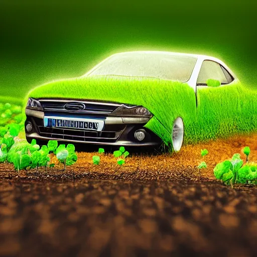 Prompt: a car running over a giant clover, hd photo hyper realistic render