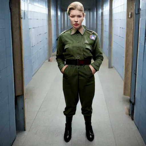 Image similar to Lea Seydoux as a prison guard in a french prison in a Wes Anderson Movie