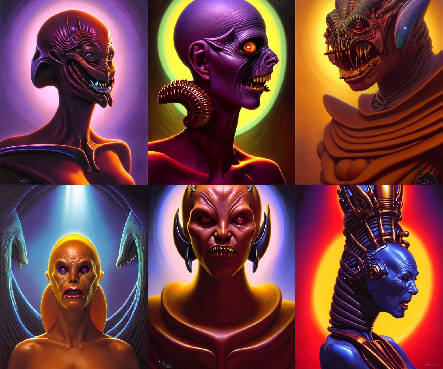 Prompt: cinematic bust portrait of villainous female extraterrestrial queen, head and chest only, exotic alien features, large mouth, Tim Hildebrandt, Wayne Barlowe, Bruce Pennington, donato giancola, anne stokes, oil on canvas, masterpiece, trending on artstation, featured on pixiv, cinematic composition, dramatic pose, beautiful lighting, sharp, details, hyper-detailed, HD, HDR, 4K, 8K