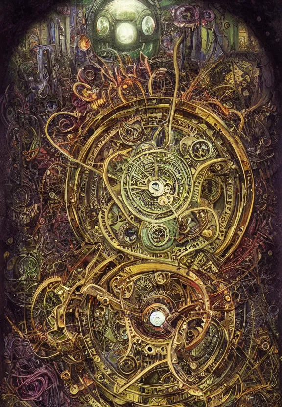 Prompt: simplicity, elegant, muscular eldritch clockwork, machinery, industry, radiating, colorful mandala, psychedelic, overgrown garden environment, by ryan stegman and hr giger and esao andrews and maria sibylla merian eugene delacroix, gustave dore, thomas moran, pop art, street art, graffiti, saturated