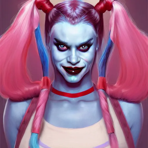Prompt: Harley Quinn but she's a beautiful ape kid with long pony tails on either side of her head, mayhem, illustration, by James Jean, artgerm, octane render, by John Coltrane and Marc Simonetti, Manic, inspired by Greg rutkowski, colorful, high detail of the face, full body