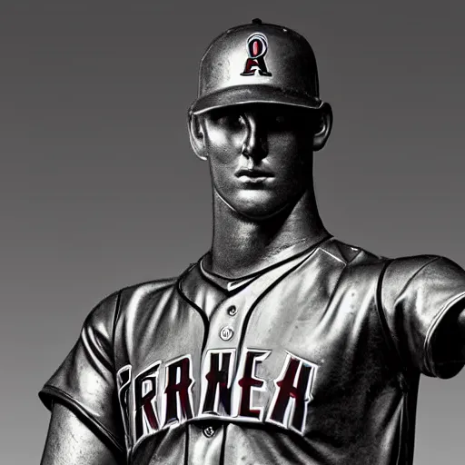 Image similar to “a realistic detailed photo of a guy who is an attractive humanoid who is half robot and half humanoid, who is a male android, baseball player Mike Trout, shiny skin, posing like a statue, blank stare, on the baseball field, on display”