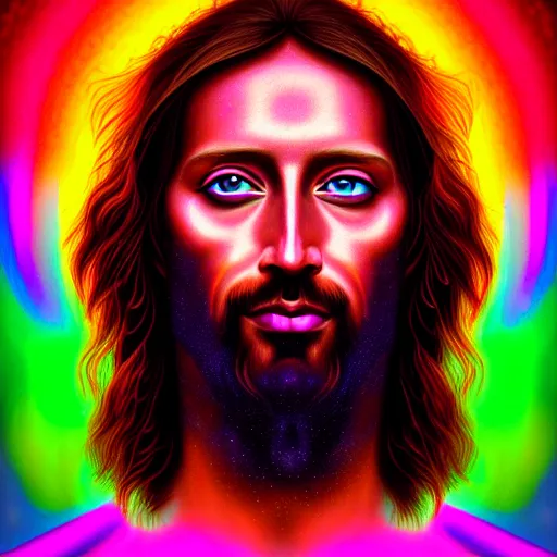 Image similar to An extremely psychedelic portrait of Jesus, surreal, LSD, face, detailed, intricate, elegant, lithe, highly detailed, digital painting, magical, Occult, artstation, concept art, smooth, sharp focus, illustration