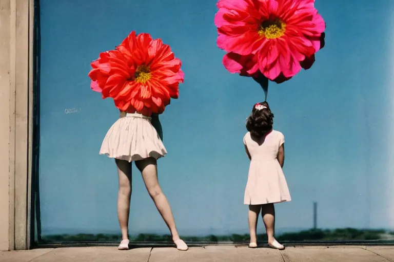 Image similar to giant flower head, girl standing, 1 9 6 0 window, surreal photography, symmetry, mid century, flat perspective, bright colours, blue sky, realistic, wes anderson