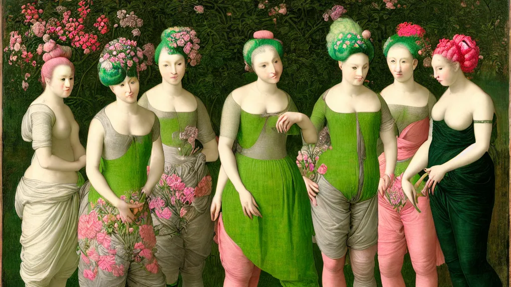 Prompt: portrait of four women with neon green hair buns, wearing modern baggy clothes, standing in a garden full of flowers, intricate details, high detail, in a renaissance style, super-flat, in the style of Jean Auguste Dominique Ingres, James Jean, punk, Asian art,