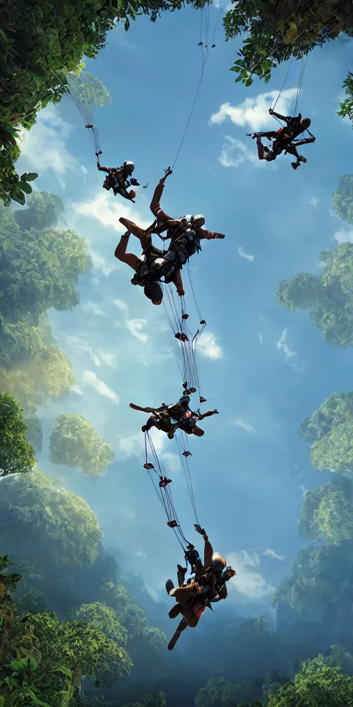 Image similar to downward view of sky divers parachuting downward, Amazon jungle setting, Photorealistic, establishing shot, cinematic lighting, , dramatic lighting, atmospheric, realistic, octane render, highly detailed, color graded, matte painting in the style of craig mullins