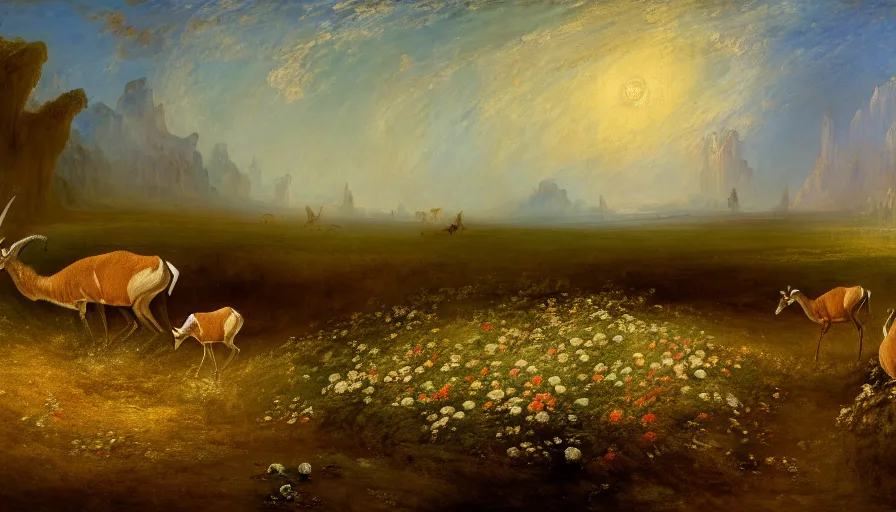 Prompt: highly detailed painting of antelopes in a flower garden on the moon by william turner, thick brush strokes and visible paint layers, 4 k resolution